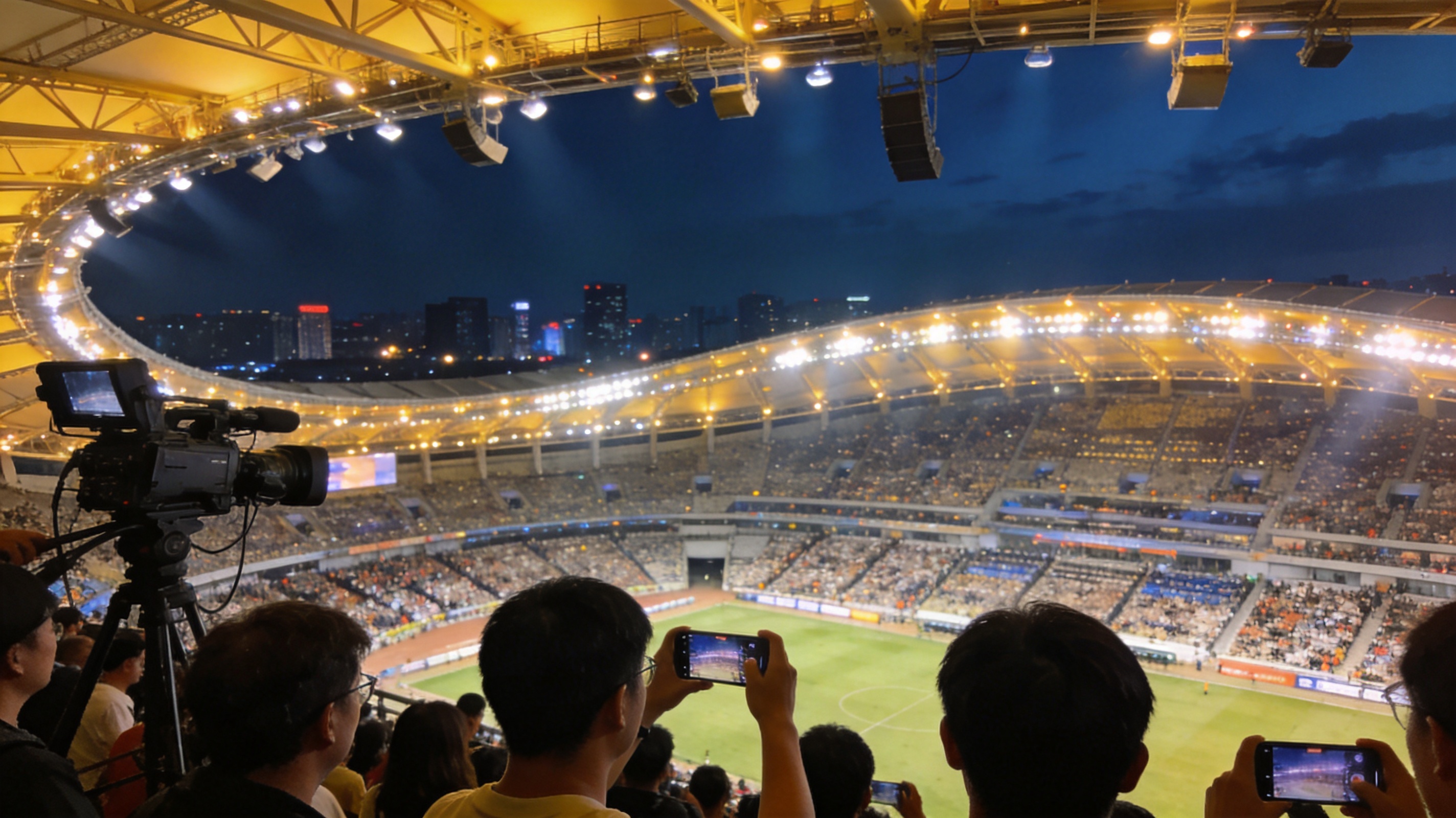 体育场航拍夜景，灯光璀璨